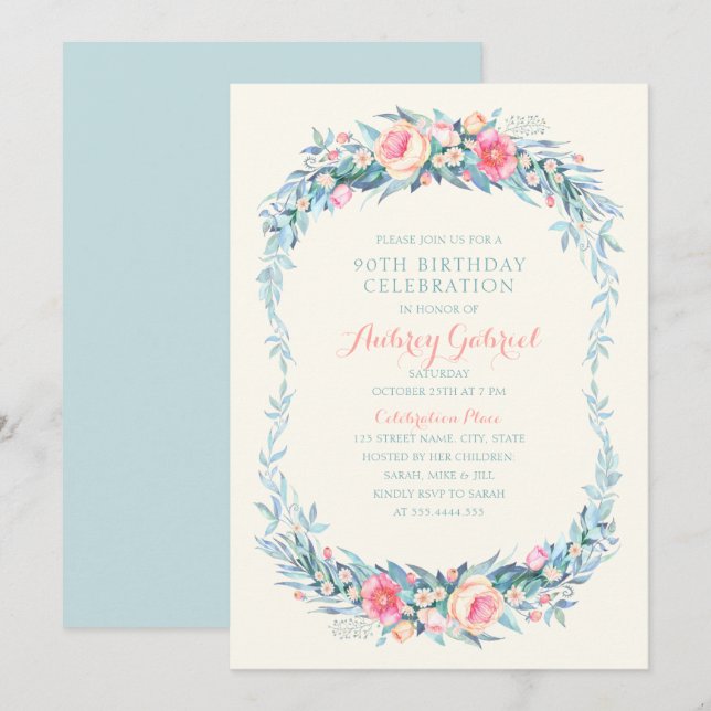 Elegant 90th Birthday Party Floral Watercolor Invitation (Front/Back)