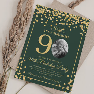 Elegant 90th Birthday Party Gold Confetti Green Invitation
