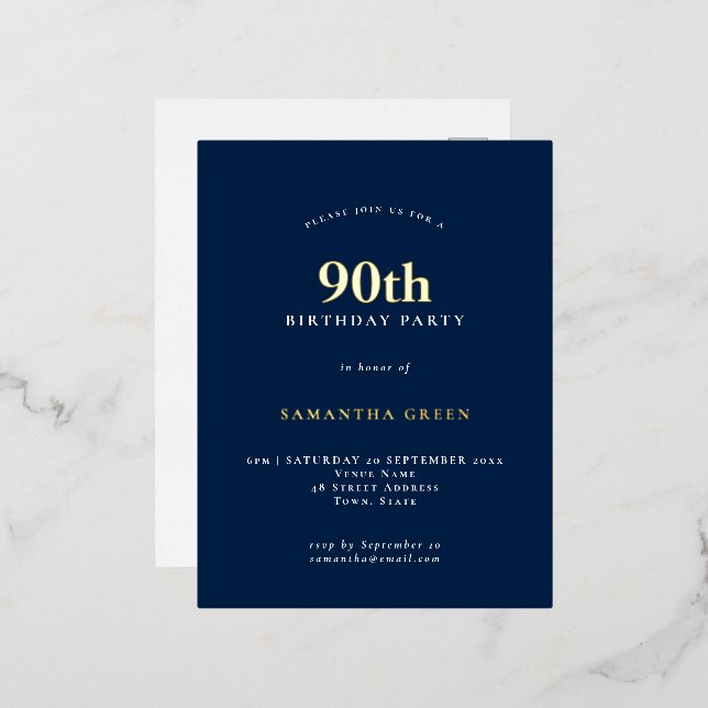 Elegant 90th Birthday Party Navy Blue Foil Invitation Postcard (Front/Back)