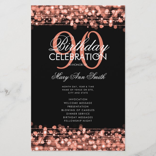 Elegant 90th Birthday Party Program Rose Gold Menu (Front)