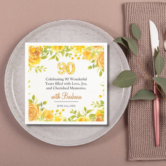 Elegant 90th Birthday Party – Yellow Roses Decor Napkin (Creator Uploaded)