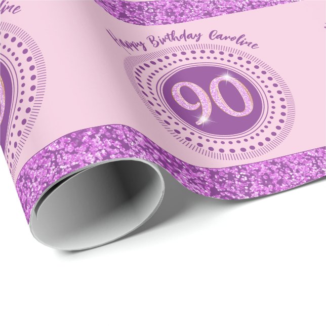 Elegant 90th Birthday Pink Glitter with Stripes Wrapping Paper (Roll Corner)