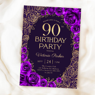 Elegant 90th Birthday Purple Gold Floral Invitation