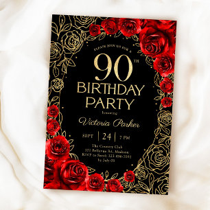Elegant 90th Birthday Red Black Gold Floral Invitation
