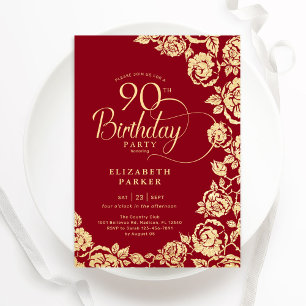 Elegant 90th Birthday Red Gold Roses Invitation