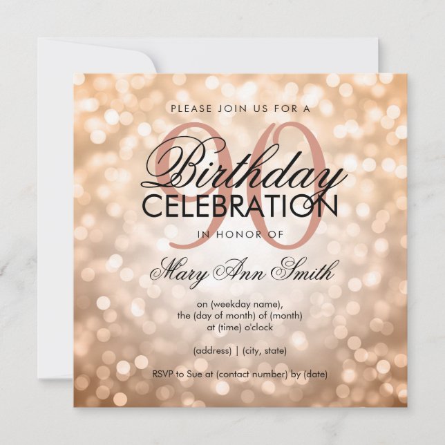 Elegant 90th Birthday Rose Gold Glitter Lights Invitation (Front)