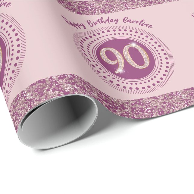 Elegant 90th Birthday Rose Gold Glitter & Stripes Wrapping Paper (Roll Corner)