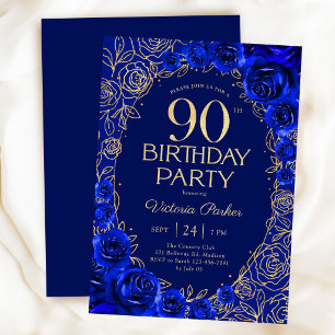 Elegant 90th Birthday Royal Blue Gold Floral Invitation