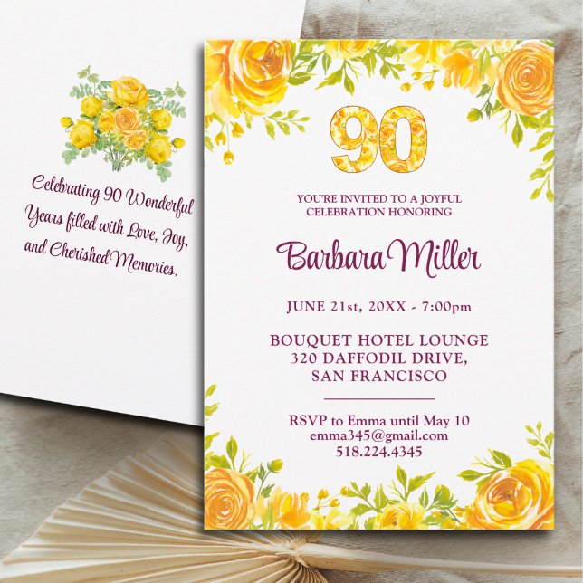 Elegant 90th Birthday – Yellow Roses 90 Years Invitation (Creator Uploaded)