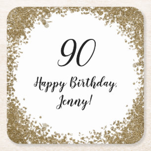 Elegant 90th Milestone Birthday Party Black Gold Square Paper Coaster