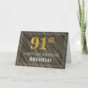 Elegant 91st Birthday: Faux Wood, Faux Gold Look Card
