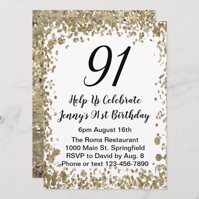 Elegant 91st Birthday Invitation For Her in Gold (Front/Back)