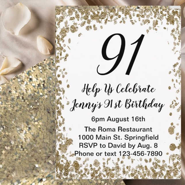 Elegant 91st Birthday Invitation For Her in Gold (Creator Uploaded)