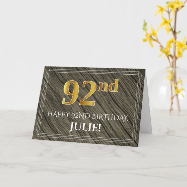 Elegant 92nd Birthday: Faux Wood, Faux Gold Look Card (Yellow Flower)