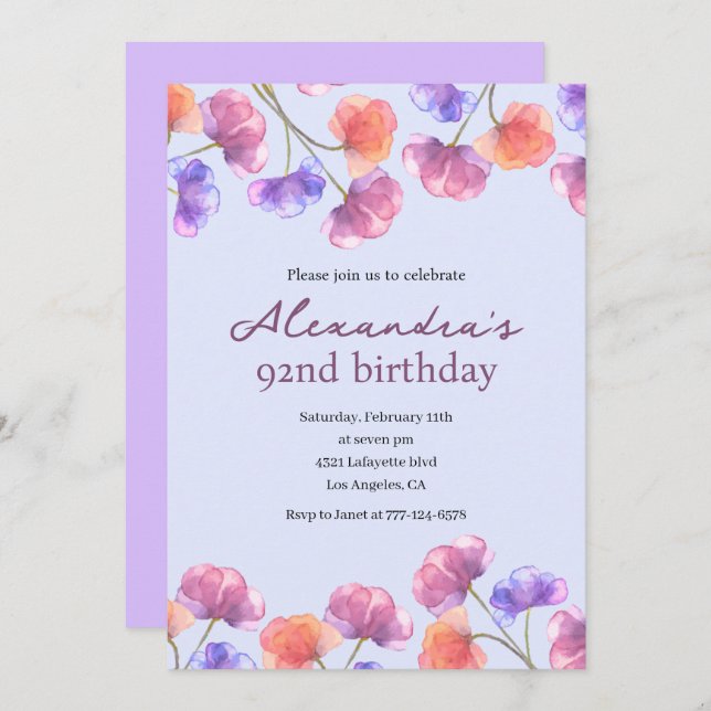 Elegant 92nd invitations Boho Floral Chic (Front/Back)