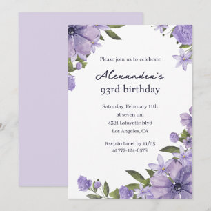 Elegant 93rd birthday invitations Boho purple