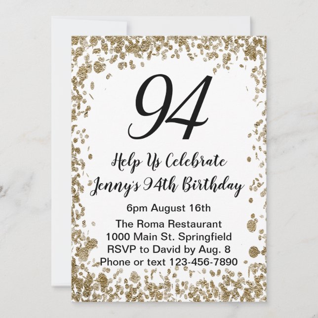 Elegant 94th Birthday Invitation For Her in Gold (Front)