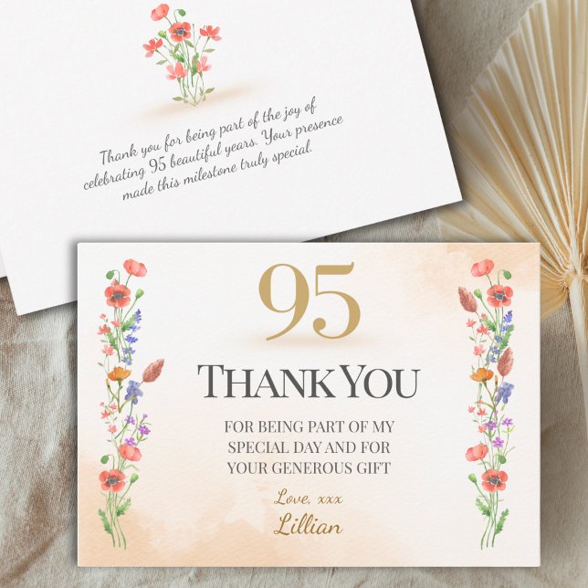 Elegant 95th Birthday - 95 Years Wildflowers Thank You Card (Creator Uploaded)