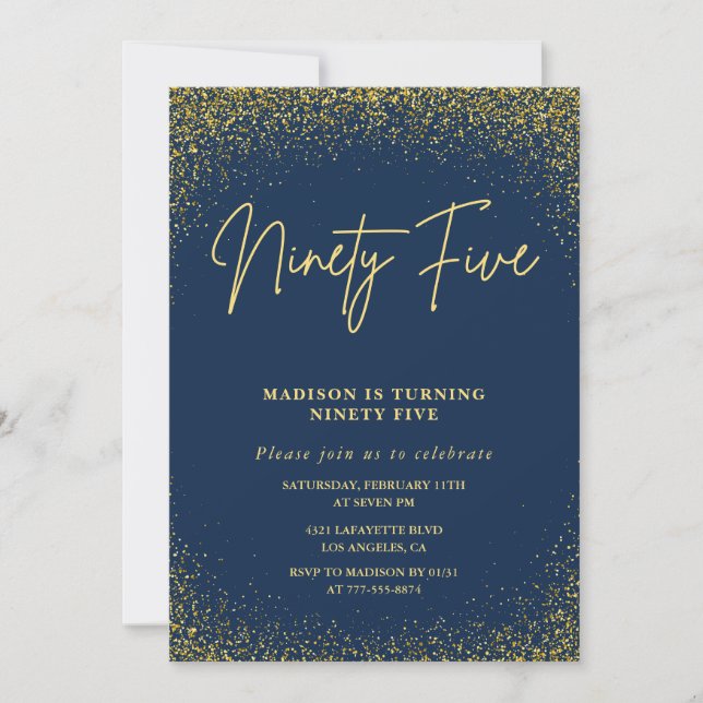 Elegant 95th birthday invitation Gold Navy Glam (Front)