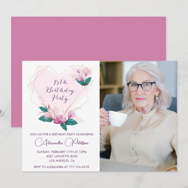 Elegant 95th birthday invitations Floral Photo (Front/Back)