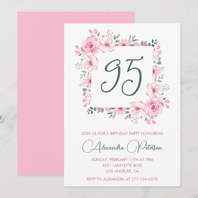 Elegant 95th birthday invitations Floral  Pink (Front/Back)