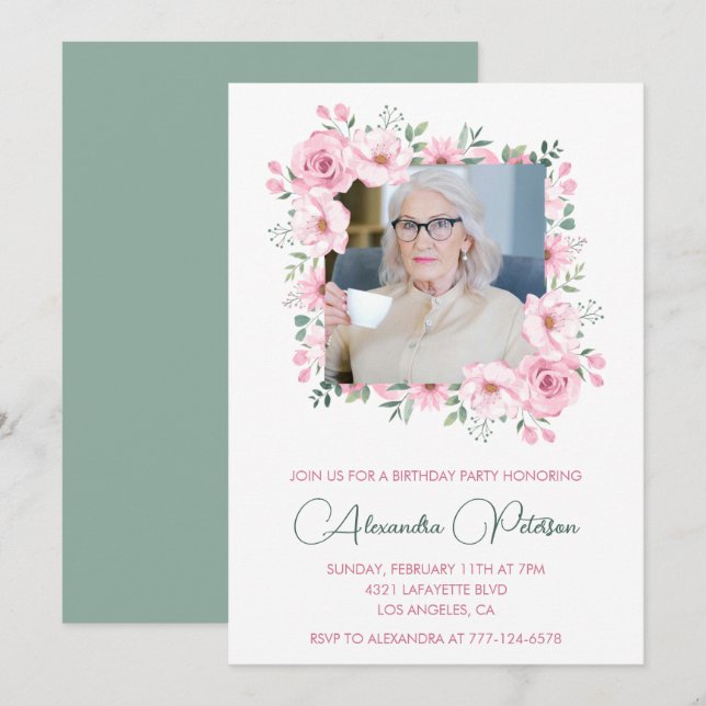 Elegant 95th birthday invitations Photo Boho (Front/Back)