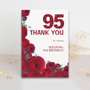 Elegant 95th Birthday Red Floral Number 95 Years Thank You Card