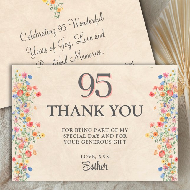 Elegant 95th Birthday Thanks - Floral Wildflower Thank You Card (Creator Uploaded)