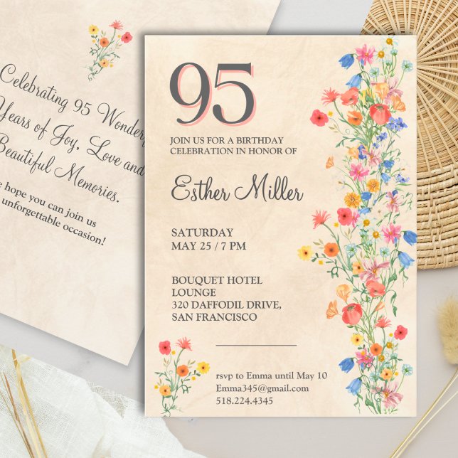 Elegant 95th Birthday - Wildflower Design 95 Years Invitation (Creator Uploaded)