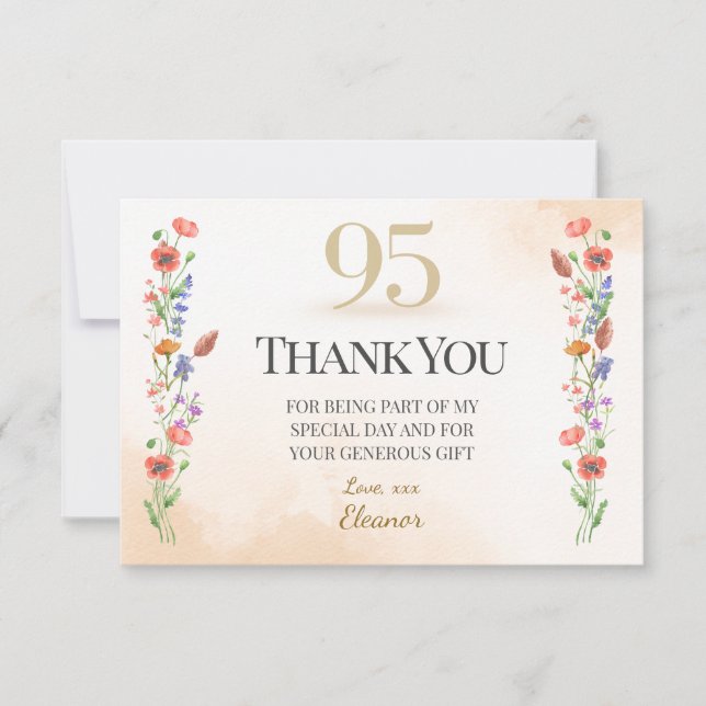 Elegant 95th Birthday – Wildflower Design Thank You Card (Front)