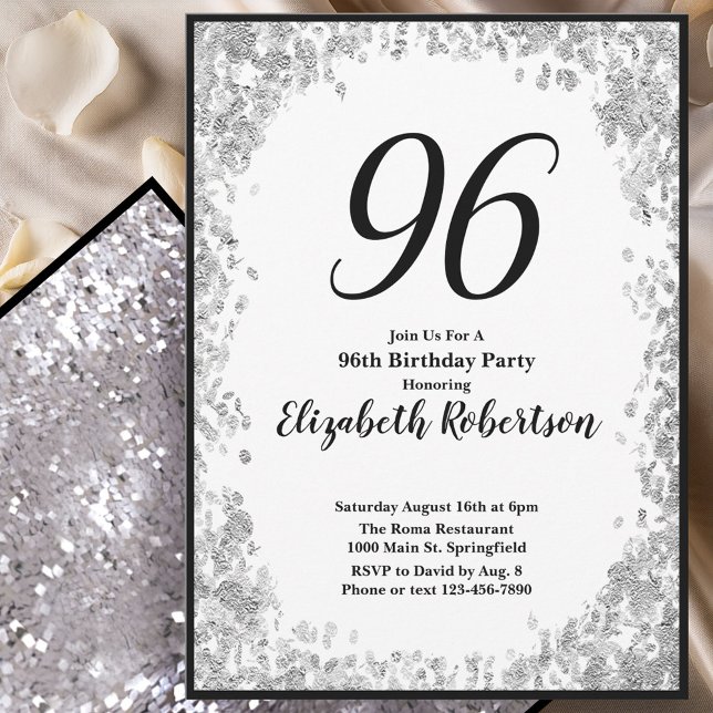 Elegant 96th Birthday Invitation Silver and Black (Creator Uploaded)