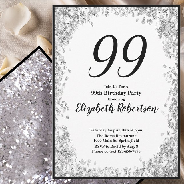 Elegant 99th Birthday Invitation Silver and Black (Creator Uploaded)