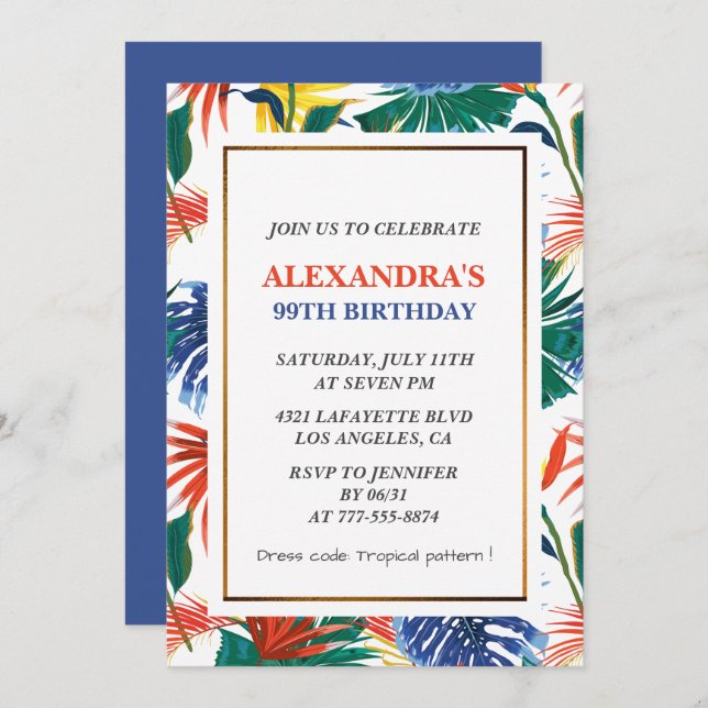 Elegant 99th birthday invitations Tropical Floral (Front/Back)