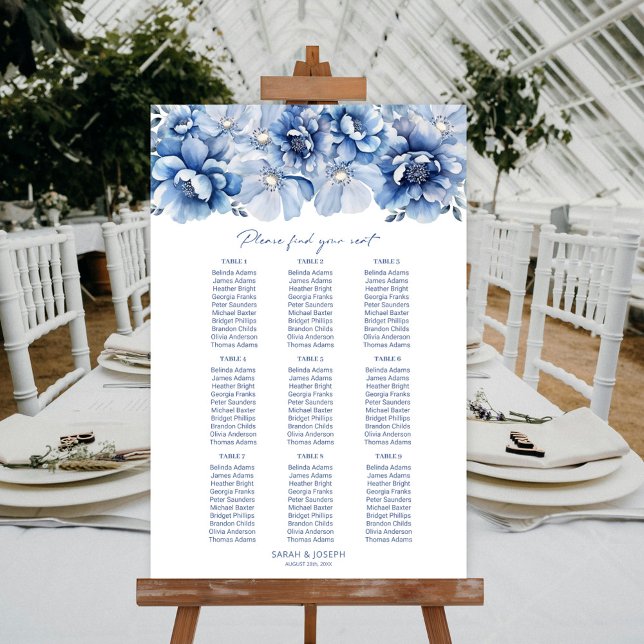Elegant 9 Table Blue Floral Wedding Seating Chart (Creator Uploaded)
