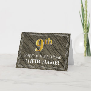 Elegant 9th Birthday: Faux Wood, Faux Gold Look Card