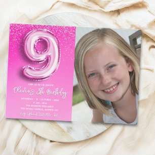 Elegant 9th Birthday girl with photo Numer Ballon Invitation