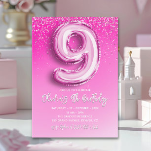 Elegant 9th Birthday Girl with Pink Number Balloon Invitation