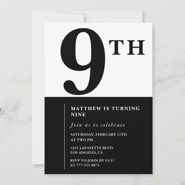 Elegant 9th birthday invitation Black Chic Modern (Front)