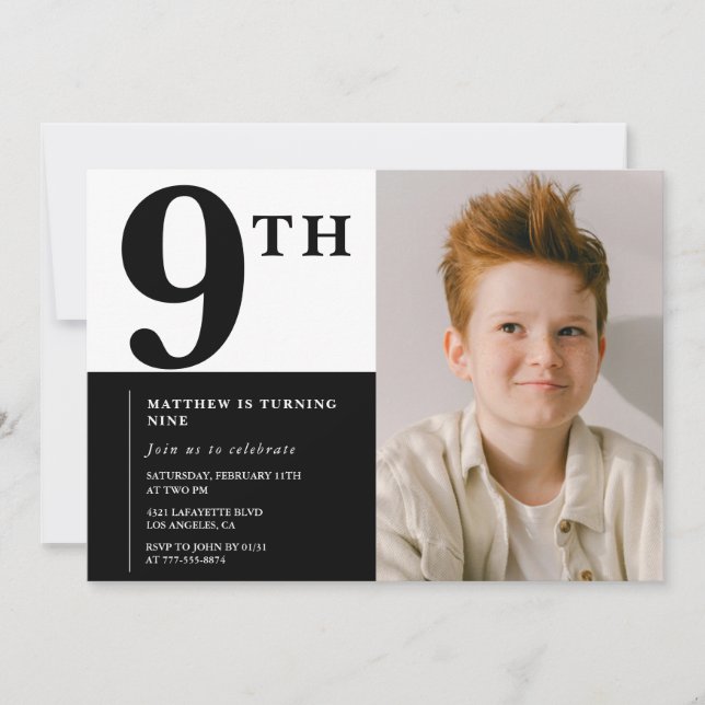 Elegant 9th birthday invitation Black Chic Modern  (Front)