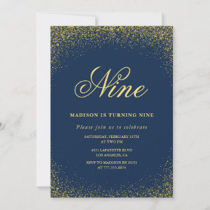 Elegant 9th birthday invitation Gold Navy Glam