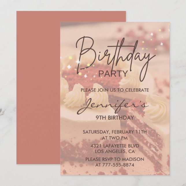 Elegant 9th birthday invitations Cake Chic (Front/Back)
