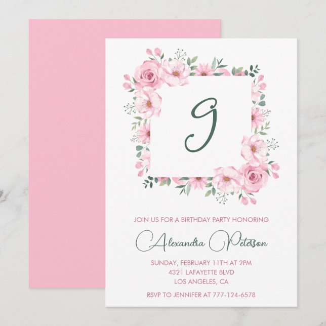 Elegant 9th birthday invitations Floral  Pink (Front/Back)