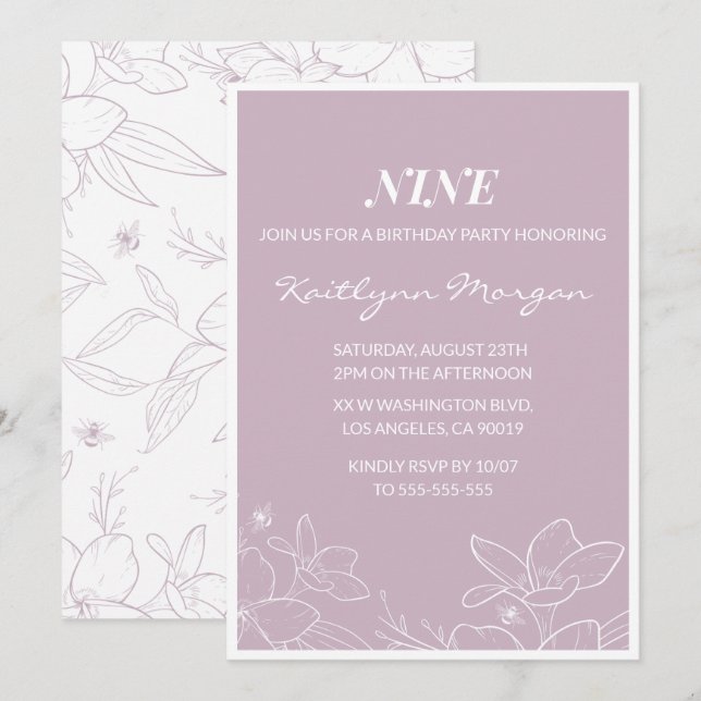 Elegant 9th birthday invitations Modern Floral (Front/Back)