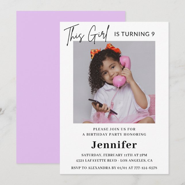 Elegant 9th birthday invitations Photo Girl Modern (Front/Back)