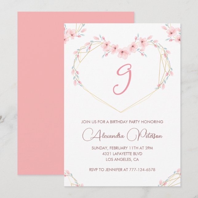 Elegant 9th birthday invitations Pink Floral  (Front/Back)