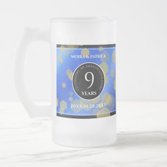 Elegant 9th Lapis Lazuli Wedding Anniversary Frosted Glass Beer Mug (Left)