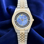 Elegant 9th Lapis Lazuli Wedding Anniversary Watch<br><div class="desc">Celebrate the 9th lapis lazuli wedding anniversary with this commemorative watch! Elegant lettering with pyrite-dusted hexagonal confetti on a speckled, azure blue background add a memorable touch for this special occasion and milestone. Customize with couple's names, dates of marriage, and congratulatory messages. Design © W.H. Sim. See more at zazzle.com/expressionsoccasions...</div>
