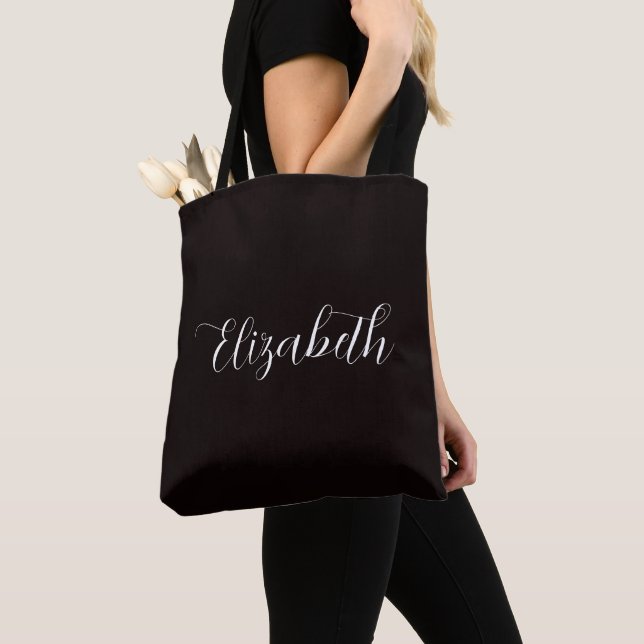 Elegant Abigail Script Personalized Name Dark Grey Tote Bag (Close Up)