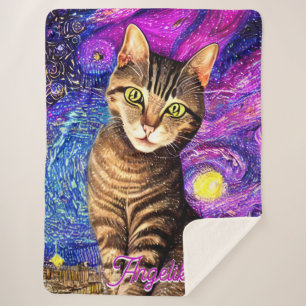 Elegant Abstract Airbrush Cat Custom Name Sherpa Blanket
