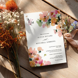 Elegant Abstract Autumn Floral Monogram Wedding Invitation